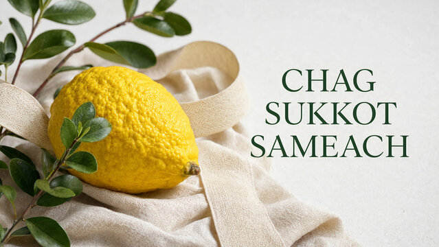 Centered citron on sukkot greeting card, green leaves plus linen ribbon framing chag sameach typography, seasonal retail campaign for jewish holiday celebration