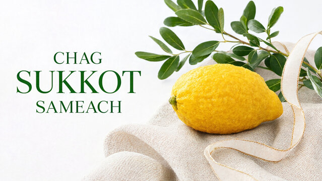 Chag Sukkot Sameach greeting with etrog citron and elegant greenery for Jewish harvest holiday celebration