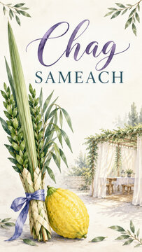 Tall chag sameach greeting with four species, bound lulav citron plus lavender bow beside a delicate sukkah sketch, family celebration article for traditional religious calendar