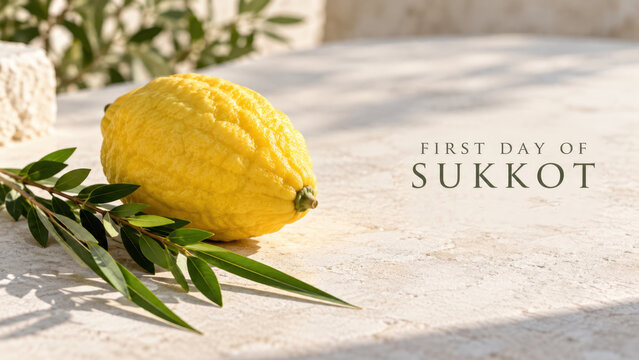 First day of sukkot etrog still life, yellow citron plus green branch on a sunlit pale stone surface, jewish calendar feature for community harvest feast