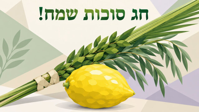 Hebrew Sukkot greeting banner featuring four species set with lulav palm, Hadassah myrtle, arava willow, and yellow etrog citron חג סוכות שמח!
