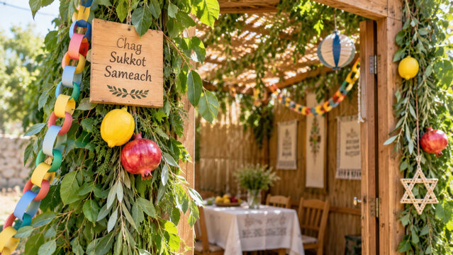 Decorated sukkah entrance with festive sign, paper chains hanging fruit plus star ornaments framing a harvest table, seasonal retail campaign for sukkot festivities