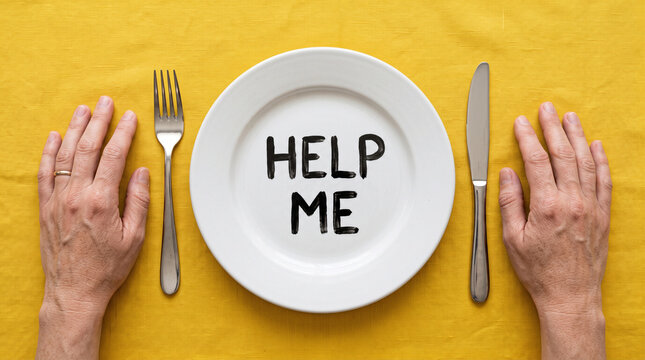 Help me text on a white dinner plate with a fork and knife on a yellow table background