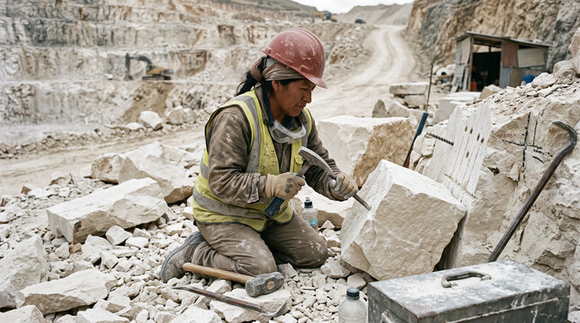 Female quarry worker in hard hat carving stone block with hammer and chisel. Concept of process, building, material, construction, stonemason, stonemasonry.