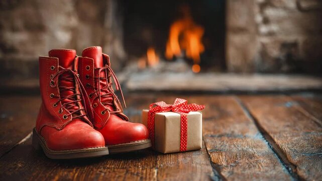 Red leather boots and a gift box on a wooden floor by a fireplace with flames. Christmas decor concept, festive setting