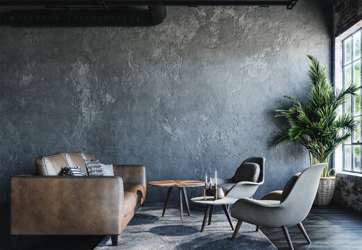 Modern office interior in loft, industrial style, 3d render