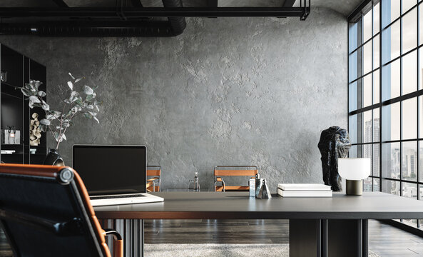 Modern office interior in loft, industrial style, 3d render