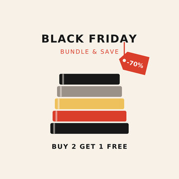 Black Friday sale flat vector illustration showing a stack of colourful books for a bundle offer