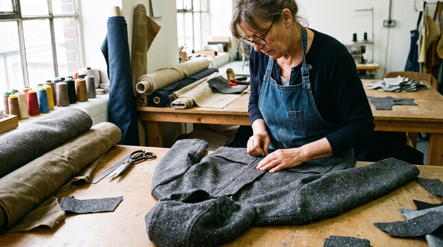 Female tailor working with jacket on wooden table in textile workshop. Concept of raincoat, granular, production, fabric, textile production, sewing workshop, garment maker.