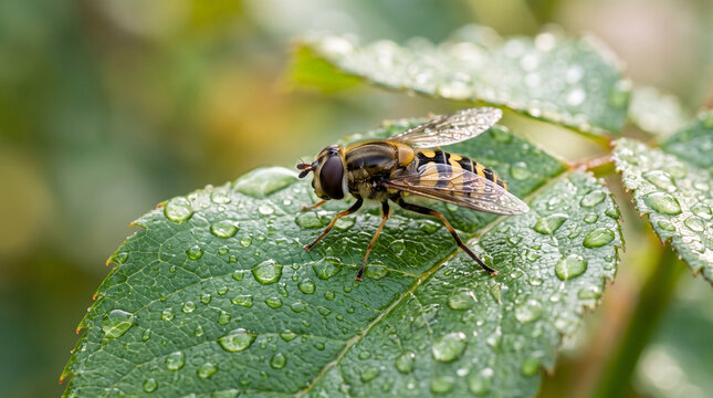 A small hoverfly sitting on a green leaf covered with water drops in a garden