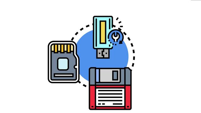 Devices the evolution of data storage systems, from floppy disks to modern flash drives and sd cards, featuring a data recovery icon