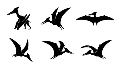 Pterodactyl Silhouettes, Flying Dinosaur Icons, Prehistoric Reptile Vector Set © Jamil