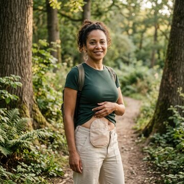 Smiling Woman With Ostomy Bag Enjoys A Forest Hike