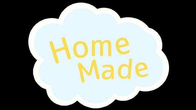 Homemade sticker featuring yellow text inside a light blue cloud shape isolated against a black background creating a charming graphic element for culinary packaging designs.