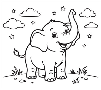 Adorable baby elephant raising its trunk among clouds and twinkling stars