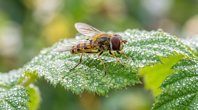 A colorful hoverfly resting on a wet green leaf in a sunny garden