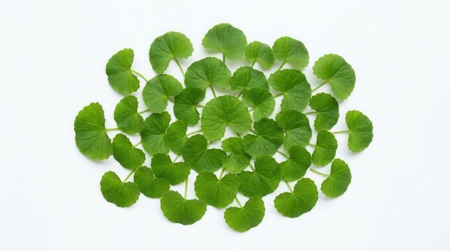 Vibrant Green Gotu Kola Leaves Arranged Artfully On White Background
