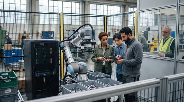 Diverse research team with digital tablet testing robotic arm and server unit in modern manufacturing laboratory. Concept of checks, automation, engineers, factory.