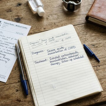 Medical Notes Open On Wooden Desk With Writing And Supplies