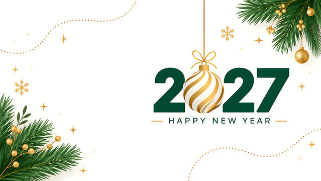 Happy new year 2027 celebration with snowflakes and greenery , Happy New Year 2027, New Year 2027, Happy New Year, New Year, 2027 Typography, 2027