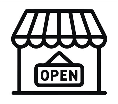 Simple line art illustration of a storefront with an open sign