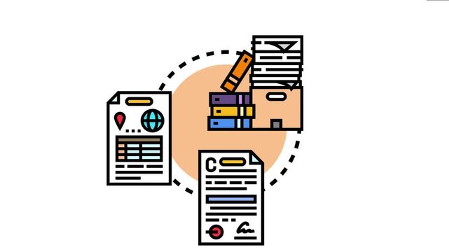 Official documents, a signed legal agreement, and administrative papers are organized and stored in folders and a filing box, representing business data management