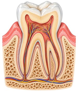 Educational medical illustration of human molar tooth cross section showing enamel, dentin, pulp cavity, root canal and nerve structure. Clean dental anatomy diagram.