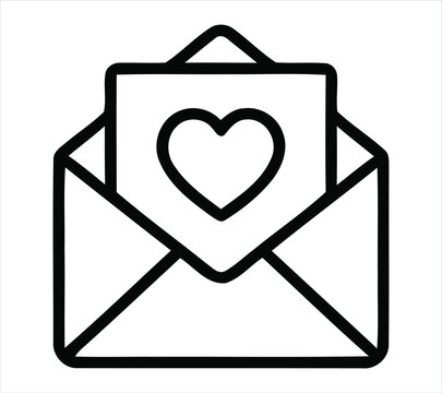 Open envelope with a heart shape on a letter inside simple line art