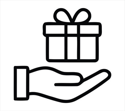Hand holding a gift box with ribbon a simple line art illustration