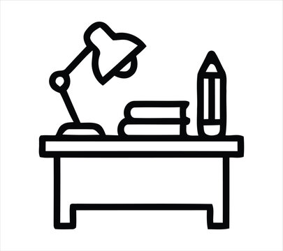Simple line drawing of a desk with lamp books and pencil
