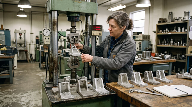 Female engineer testing metal components with tensile machine in industrial laboratory workshop. Concept of uncoated, design, material, evaluated, material testing, quality control, metallurgy.