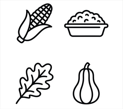 Autumn harvest icons featuring corn pumpkin pie and oak leaf