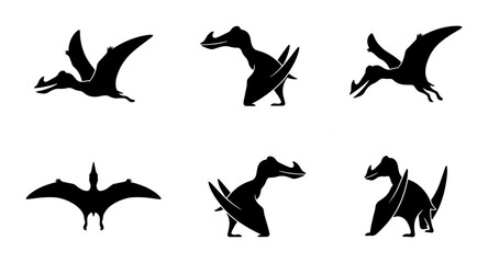 Pterodactyl Silhouettes, Dinosaur Icons, Prehistoric Flying Reptile Vector Set © Krishna