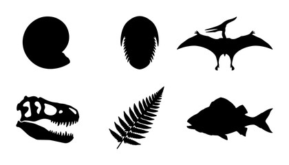 Fossil Icons Set, Prehistoric Life Silhouettes, Dinosaur Skull, Pterodactyl, Ammonite, Trilobite, Fern Leaf, Ancient Fish © Krishna