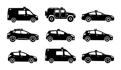 Diverse Police Vehicle Icons Set: Patrol Cars, SUVs, Vans, Black & White Vector Graphics © Krishna