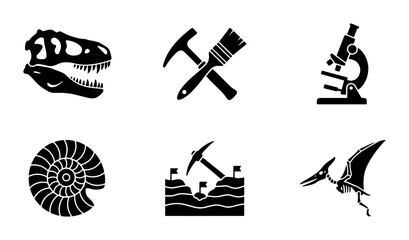 Dinosaur Fossil Icons, Paleontology Tools, Science Research Vector Set © Krishna
