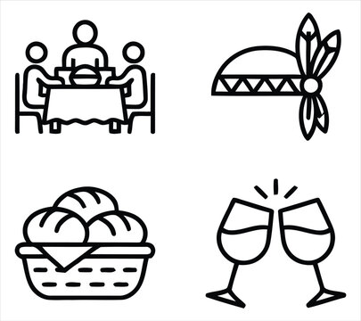 Thanksgiving day line icons set featuring dinner headdress bread and wine