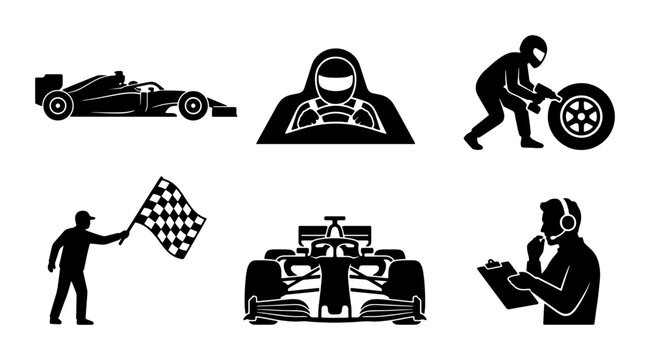 Formula 1 Racing Icons: Speed, Pit Stop, Driver, Checkered Flag, Coach, Vector Set