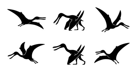 Pterodactyl Silhouettes, Dinosaur Flying Poses Vector Set, Prehistoric Creature Icons © Krishna