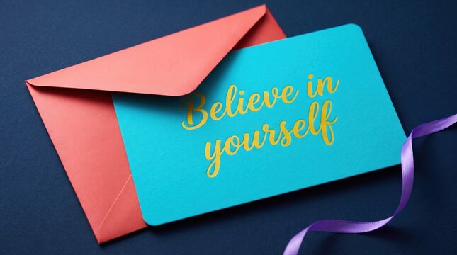 Bright cyan greeting card with motivational text beside a vibrant red envelope placed on a deep textured blue background surface