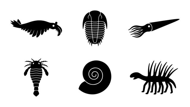 Ancient Fossil Icons: Trilobite, Ammonite, Sea Scorpion, Spiral Shell, Prehistoric Creatures