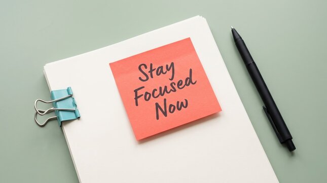 Bright orange sticky note with handwritten black text stay focused now attached to white paper pad with metallic binder clip