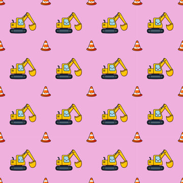 Cute excavator construction vehicle seamless pattern background for kids wallpaper machinery fabric design