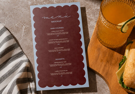 Restaurant Table with Food Menu Card Mockup