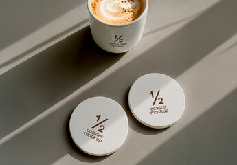 Cafe Table with Coffee Mug and Coasters Mockup