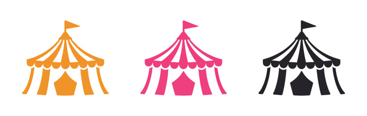 Set of circus tent icons, colorful carnival big top tents, striped marquee vector illustrations for amusement fairs, entertainment events, festivals, and playful designs. © MdSofiar