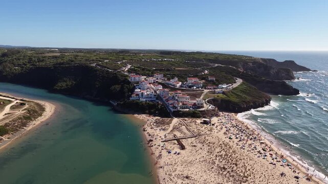 Aerial view of odeceixe beach in portugal's algarve coast