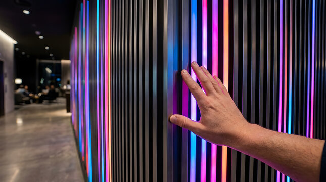 Man touching futuristic vertical LED neon light strip wall in modern interior