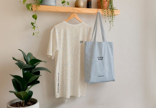 Indoor Wall with T-Shirt and Tote Bag Mockup