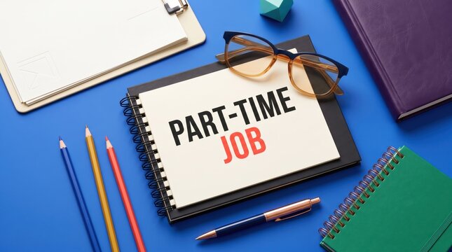 Part-time job text written on notebook placed on bright blue desk surface with glasses pens and various colorful office supplies